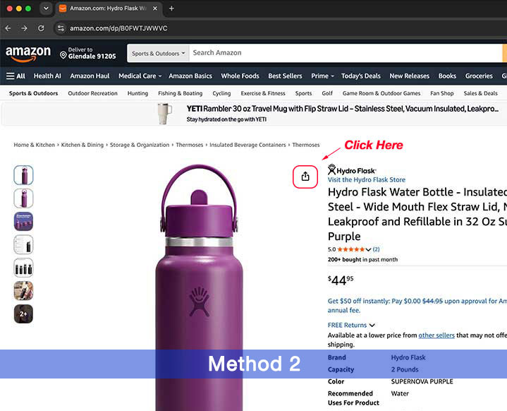 Click the share button to copy the Amazon product URL